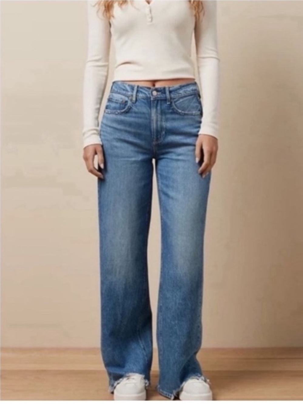 American Eagle Super High Rise Baggy Wide Leg Jeans Medium Wash Denim 00